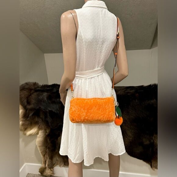 Orange Real Shearling Double Zip Pillow Bag, Lamb Fur Shoulder Bag, Crossbody - Picture 8 of 16